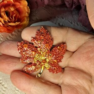 Sparkly Red, Orange, and Yellow Crystal Goldtone Maple Leaf Brooch